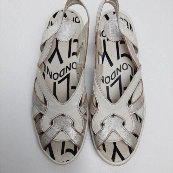 FLY LONDON Strappy Wedge Sandals Slingbacks White & Silver Sz 7.5 - Picture 11 of 15